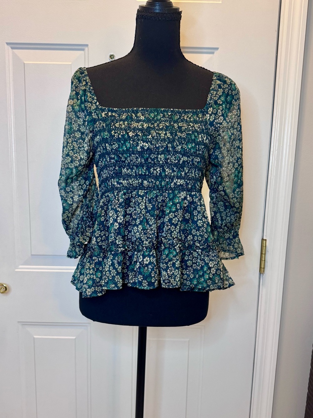 American Eagle Outfitters Navy and Teal Floral Smocked Square-Neck Blouse
